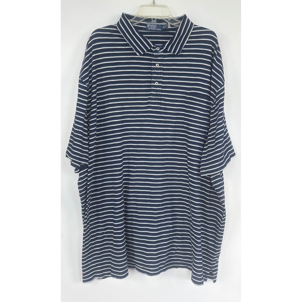 Polo Ralph Lauren Mens 5XB Navy Blue White Striped Pocket Polo Shirt Anchor Logo
